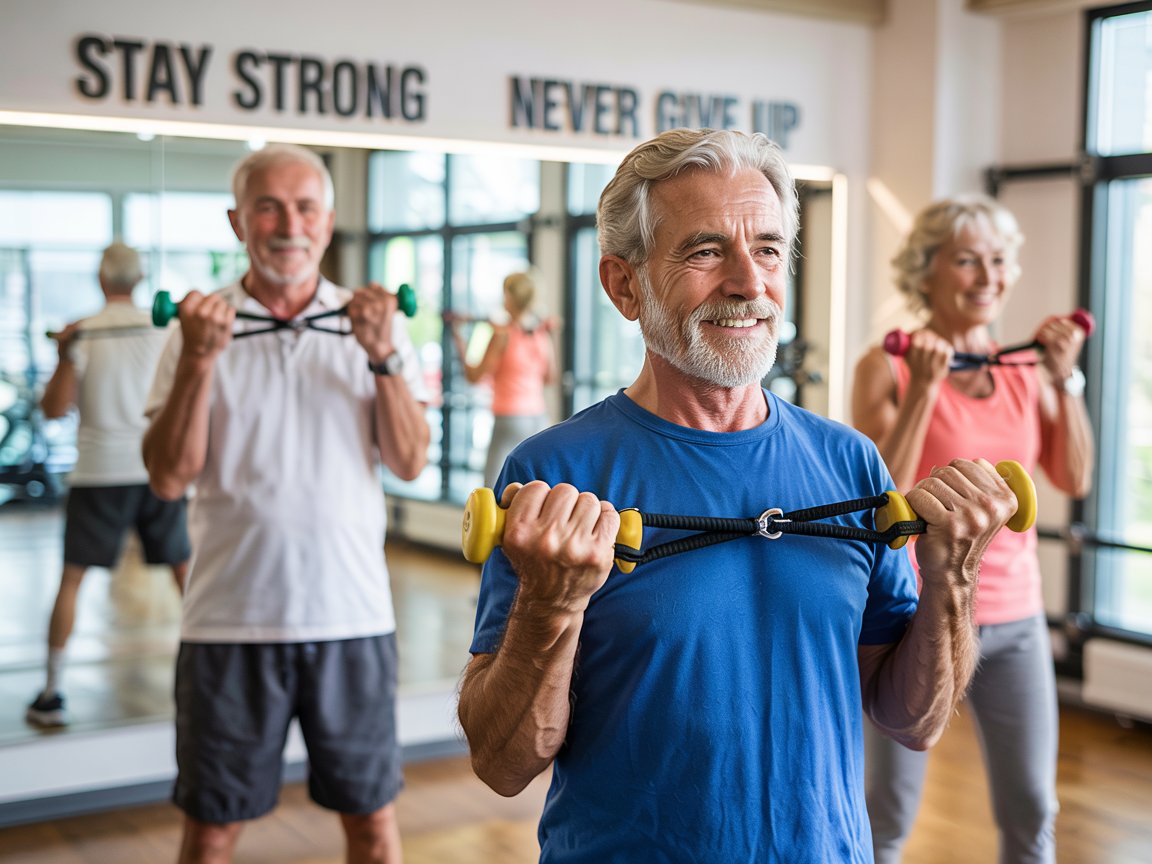 Щасливий чоговік практикує фітнес